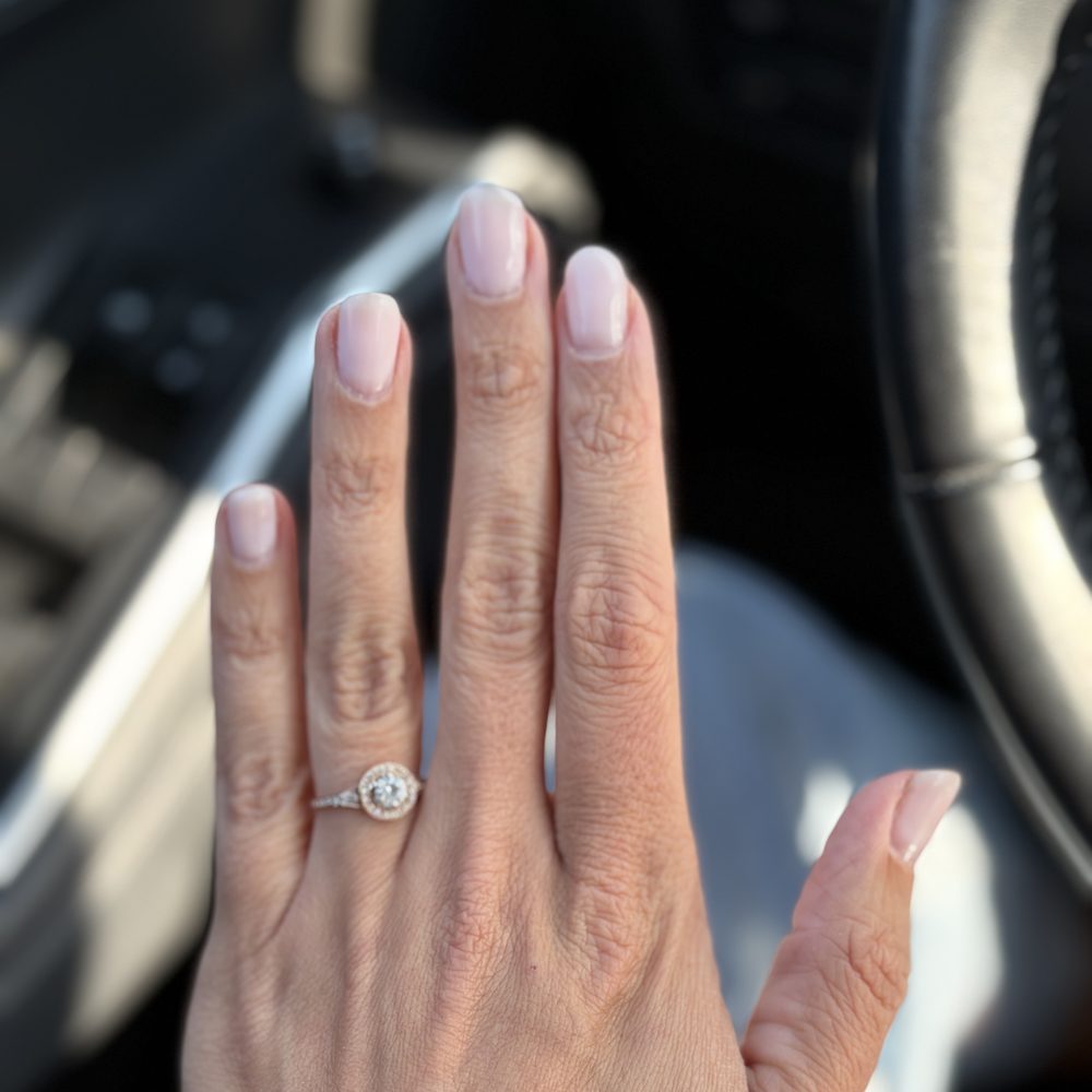 A pale pink Gel-X set freshly filled and rebalanced.